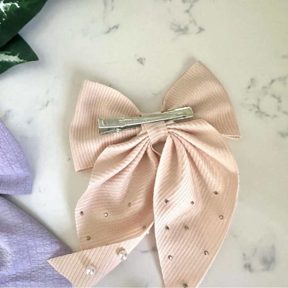 3/$22🩶 Blush Lilac Beige Faux Pearl Bow Barrette Hair Bow Accessories NEW